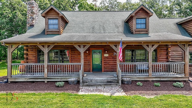 2622 E 28th Rd, Marseilles, IL 61341 - log home with covered porch, log exterior, a chimney, and a shingled roof