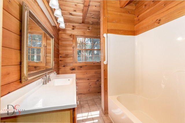 2622 E 28th Rd, Marseilles, IL 61341 - bathroom featuring vanity, plenty of natural light, tile patterned flooring, and wood walls