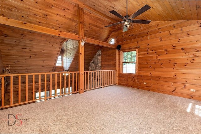 2622 E 28th Rd, Marseilles, IL 61341 - carpeted spare room with wood ceiling, ceiling fan, vaulted ceiling, and wood walls