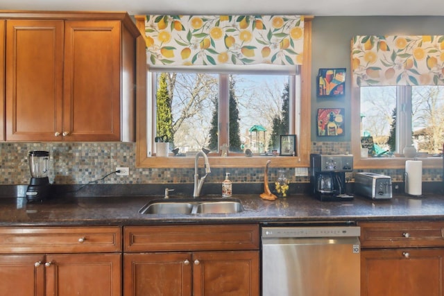 1280 White St, Des Plaines, IL 60018 - kitchen featuring dishwasher, a sink, brown cabinetry, and tasteful backsplash