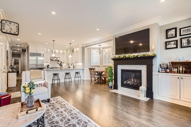 2700 N Wayne Ave Unit 2N, Chicago, IL 60614 - living area featuring ornamental molding, dark wood finished floors, a premium fireplace, and recessed lighting