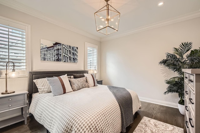2700 N Wayne Ave Unit 2N, Chicago, IL 60614 - bedroom featuring dark wood-style floors, a chandelier, ornamental molding, baseboards, and recessed lighting