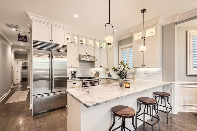 2700 N Wayne Ave Unit 2N, Chicago, IL 60614 - kitchen featuring premium appliances, crown molding, a peninsula, glass insert cabinets, and dark wood-style flooring
