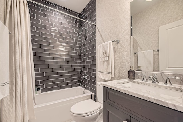 2700 N Wayne Ave Unit 2N, Chicago, IL 60614 - bathroom featuring wallpapered walls, vanity, toilet, and shower / bathtub combination with curtain