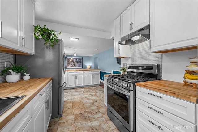 688 Regent Dr, Crystal Lake, IL 60014 - kitchen featuring butcher block countertops, stainless steel gas range oven, under cabinet range hood, and decorative backsplash