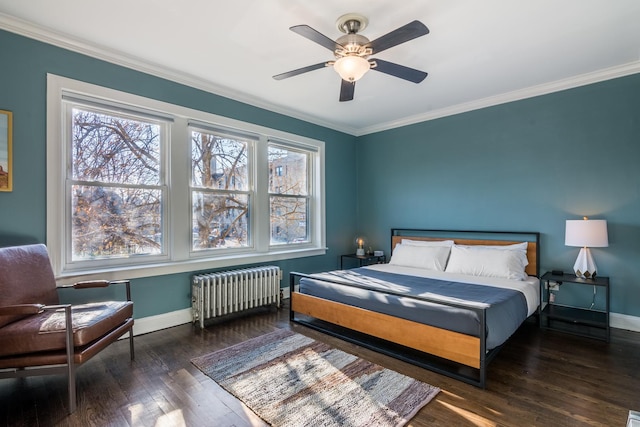 3608 W Dickens Ave Unit 1W, Chicago, IL 60647 - bedroom featuring radiator heating unit, wood finished floors, baseboards, ornamental molding, and ceiling fan