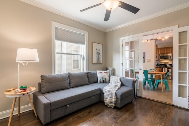 3608 W Dickens Ave Unit 1W, Chicago, IL 60647 - living room with crown molding, dark wood-style floors, ceiling fan, and baseboards