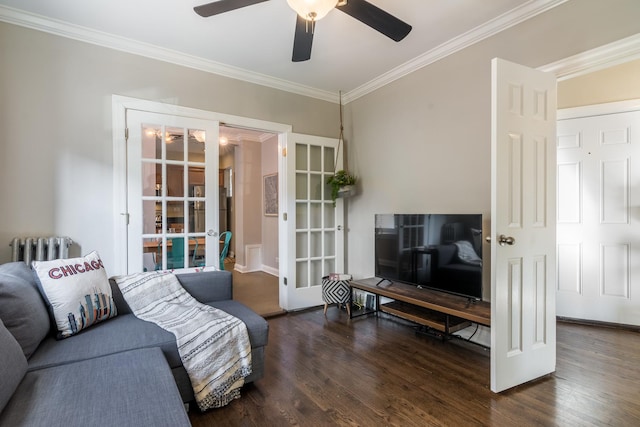 3608 W Dickens Ave Unit 1W, Chicago, IL 60647 - living room with ornamental molding, wood finished floors, radiator heating unit, ceiling fan, and french doors