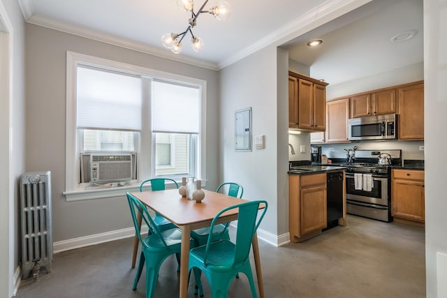 3608 W Dickens Ave Unit 1W, Chicago, IL 60647 - kitchen featuring stainless steel appliances, radiator, a chandelier, baseboards, and finished concrete floors