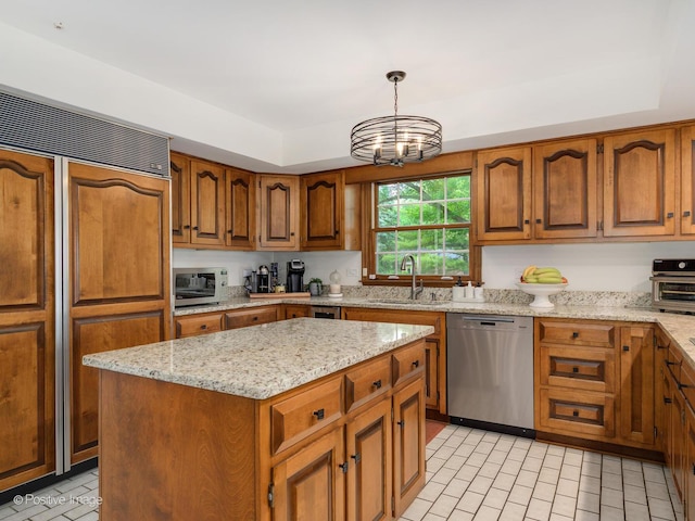 77 Mark Dr, Hawthorn Woods, IL 60047 - kitchen featuring stainless steel dishwasher, paneled fridge, brown cabinetry, a chandelier, and a center island