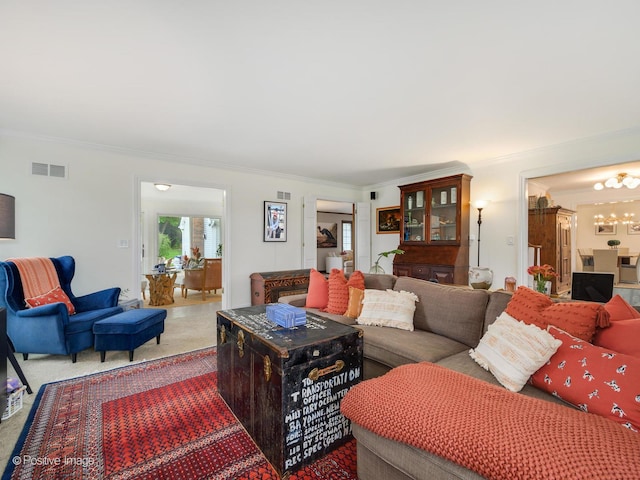 77 Mark Dr, Hawthorn Woods, IL 60047 - living area with crown molding, carpet flooring, and a chandelier