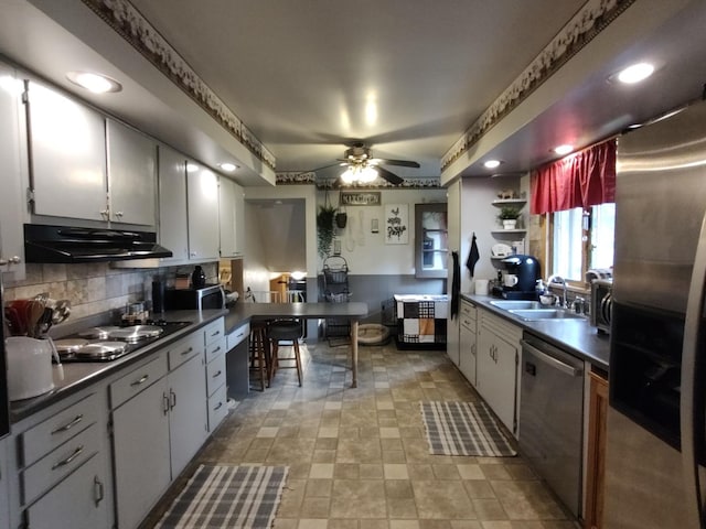 205 Beacon Dr, Belvidere, IL 61008 - kitchen with a sink, extractor fan, stainless steel appliances, and dark countertops
