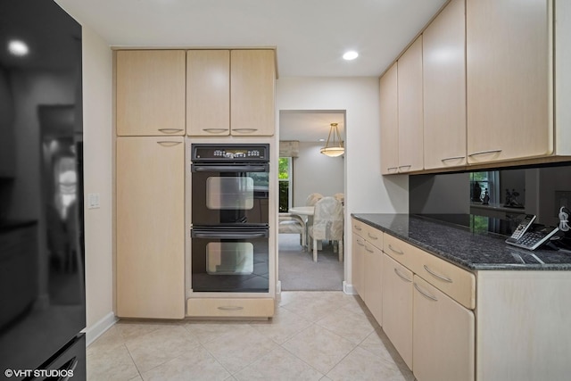 4045 N Harvard Ave, Arlington Heights, IL 60004 - kitchen featuring black appliances, dark stone countertops, baseboards, light brown cabinets, and light tile patterned floors
