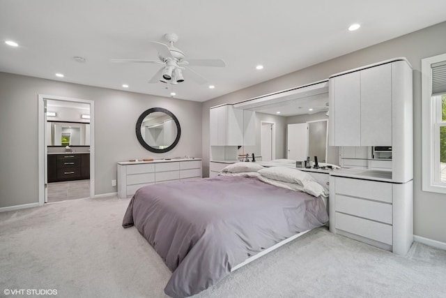 4045 N Harvard Ave, Arlington Heights, IL 60004 - bedroom with light colored carpet, recessed lighting, baseboards, ensuite bath, and ceiling fan