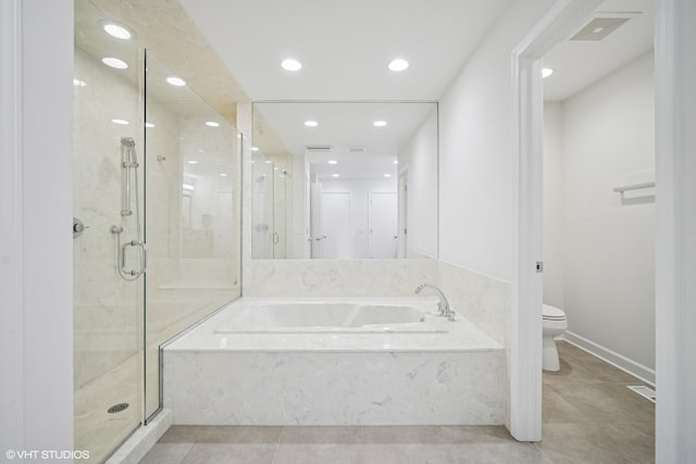 4045 N Harvard Ave, Arlington Heights, IL 60004 - bathroom featuring a bath, toilet, a shower stall, tile patterned flooring, and recessed lighting
