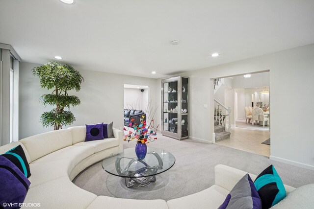 4045 N Harvard Ave, Arlington Heights, IL 60004 - carpeted living room with stairs, recessed lighting, and baseboards