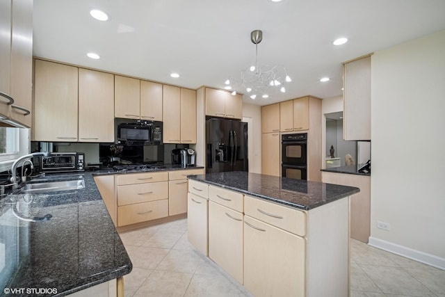 4045 N Harvard Ave, Arlington Heights, IL 60004 - kitchen featuring black appliances, light brown cabinets, a center island, light tile patterned flooring, and recessed lighting