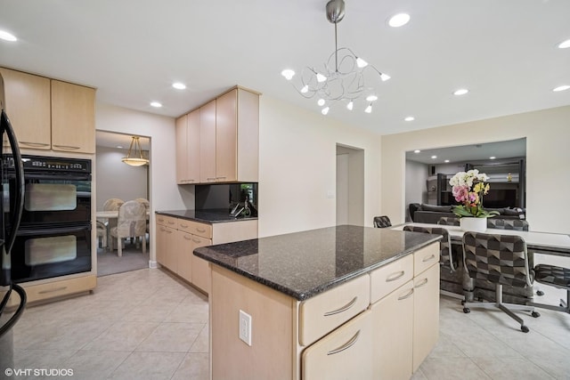 4045 N Harvard Ave, Arlington Heights, IL 60004 - kitchen with light brown cabinets, light tile patterned floors, dark stone counters, a center island, and recessed lighting