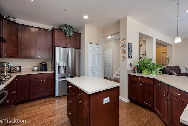 1878 Roseland Ln, Hoffman Estates, IL 60192 - kitchen with stainless steel appliances, dark wood-style flooring, light countertops, hanging light fixtures, and recessed lighting