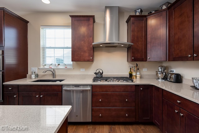 1878 Roseland Ln, Hoffman Estates, IL 60192 - kitchen with stainless steel appliances, wall chimney exhaust hood, and dark wood-style flooring