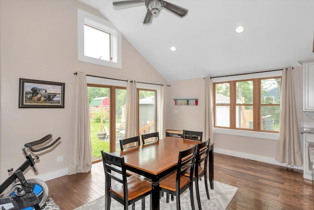 21440 S Hillside Rd, Frankfort, IL 60423 - dining space featuring ceiling fan, wood finished floors, high vaulted ceiling, and recessed lighting