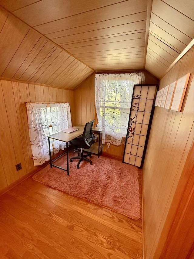 1308 Waverly Pl, Joliet, IL 60435 - home office featuring wooden ceiling, vaulted ceiling, wood walls, and wood finished floors