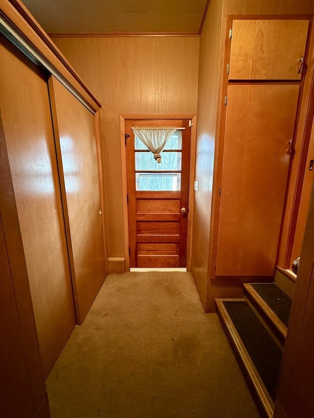 1308 Waverly Pl, Joliet, IL 60435 - doorway to outside featuring carpet and wooden walls