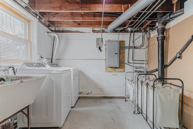 1006 Tacoma St, Carpentersville, IL 60110 - washroom with electric panel, washer and dryer, and concrete block wall