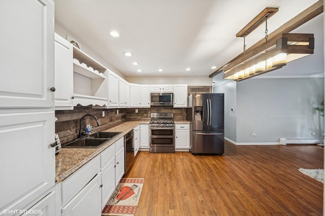 9540 S Mayfield Ave Unit 103S, Oak Lawn, IL 60453 - kitchen featuring appliances with stainless steel finishes, white cabinets, decorative backsplash, open shelves, and recessed lighting