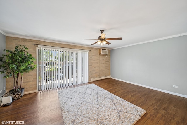 9540 S Mayfield Ave Unit 103S, Oak Lawn, IL 60453 - spare room with baseboard heating, a ceiling fan, an AC wall unit, dark wood-type flooring, and ornamental molding