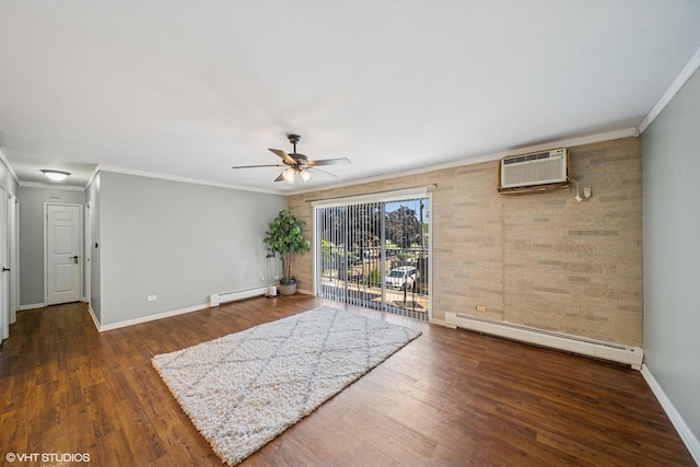 9540 S Mayfield Ave Unit 103S, Oak Lawn, IL 60453 - unfurnished room with a baseboard radiator, a ceiling fan, crown molding, a wall mounted air conditioner, and dark wood finished floors