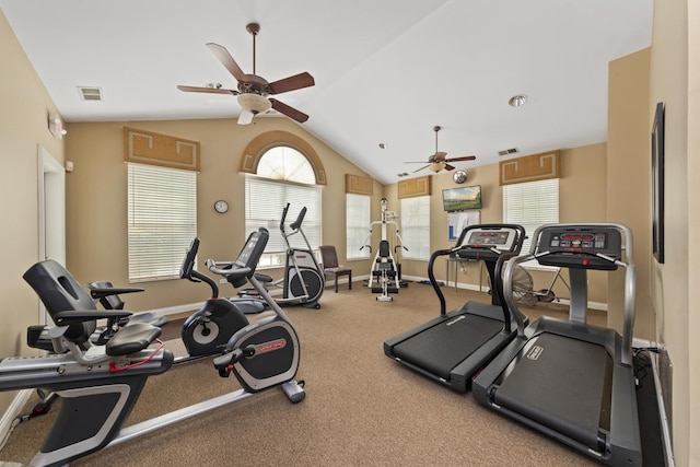 1908 Timbers Edge Cir, Joliet, IL 60431 - gym featuring ceiling fan, plenty of natural light, lofted ceiling, and baseboards