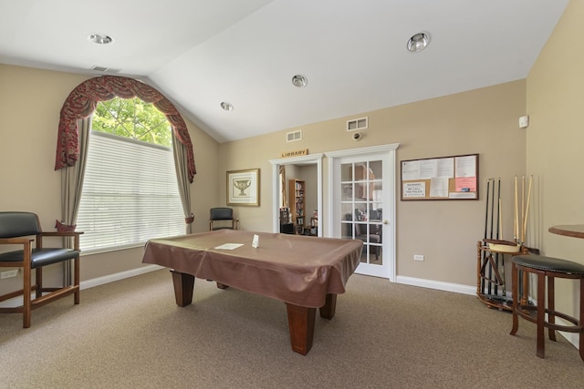 1908 Timbers Edge Cir, Joliet, IL 60431 - rec room featuring lofted ceiling, carpet flooring, billiards, and baseboards