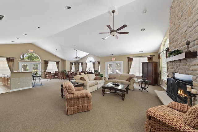 1908 Timbers Edge Cir, Joliet, IL 60431 - living room featuring a ceiling fan, light colored carpet, healthy amount of natural light, and high vaulted ceiling