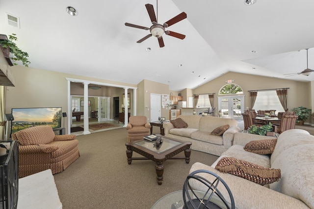 1908 Timbers Edge Cir, Joliet, IL 60431 - living room with a ceiling fan, carpet flooring, decorative columns, high vaulted ceiling, and french doors