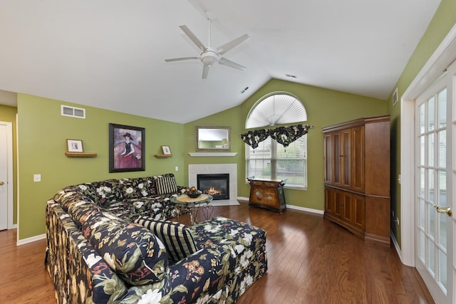 1908 Timbers Edge Cir, Joliet, IL 60431 - living area with lofted ceiling, ceiling fan, a fireplace, wood finished floors, and baseboards
