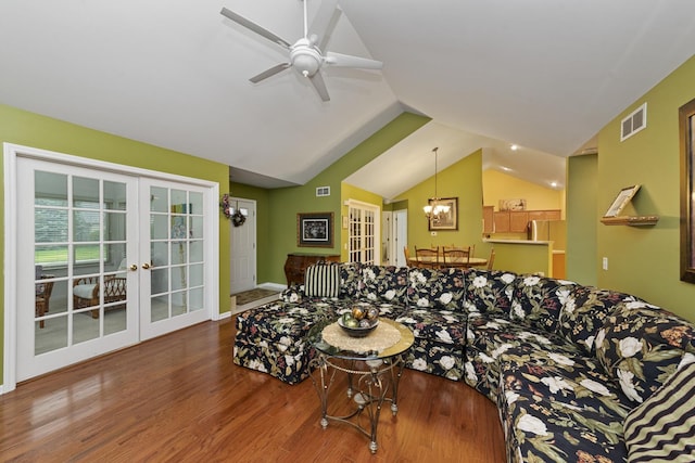 1908 Timbers Edge Cir, Joliet, IL 60431 - living area with wood finished floors, vaulted ceiling, a chandelier, a ceiling fan, and french doors