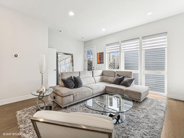 1802 N Mozart St, Chicago, IL 60647 - living room with baseboards, wood finished floors, and recessed lighting