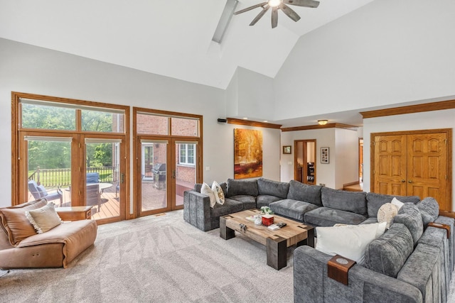 2188 Inverray Rd, Inverness, IL 60067 - living room featuring high vaulted ceiling, carpet flooring, and a ceiling fan