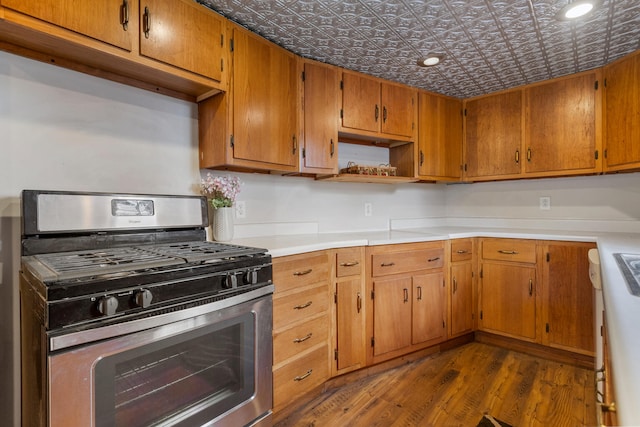 201 S 1st St, Tolono, IL 61880 - kitchen featuring stainless steel range with gas cooktop, dark wood-type flooring, light countertops, an ornate ceiling, and open shelves