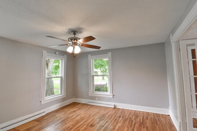 417 E Vermillion St, Odell, IL 60460 - empty room featuring baseboard heating, baseboards, light wood-style flooring, and a ceiling fan
