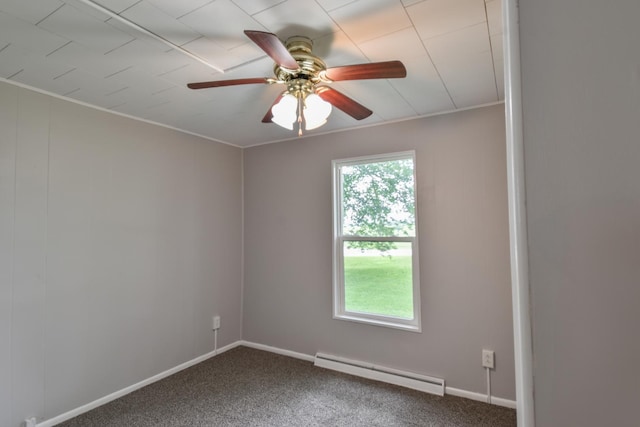 417 E Vermillion St, Odell, IL 60460 - unfurnished room featuring a baseboard radiator, carpet, a ceiling fan, baseboards, and crown molding
