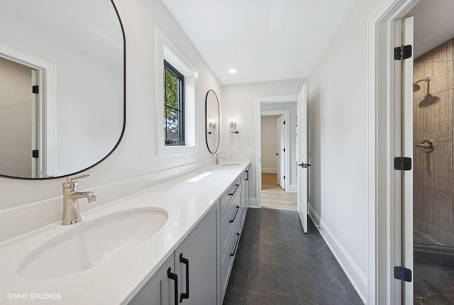 5906 Juniper Ct, Western Springs, IL 60558 - full bath with double vanity, a tile shower, baseboards, and tile patterned flooring