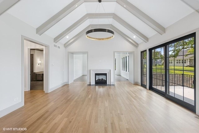 5906 Juniper Ct, Western Springs, IL 60558 - unfurnished living room with beamed ceiling, high vaulted ceiling, light wood-style flooring, baseboards, and a fireplace with flush hearth