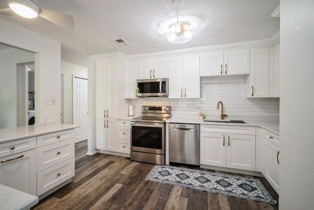 2009 Ammer Ridge Ct Unit 102, Glenview, IL 60025 - kitchen with stainless steel appliances, dark wood-type flooring, white cabinetry, tasteful backsplash, and a ceiling fan