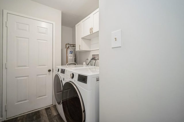 2009 Ammer Ridge Ct Unit 102, Glenview, IL 60025 - laundry area featuring washer and dryer, cabinet space, dark wood-style flooring, and water heater