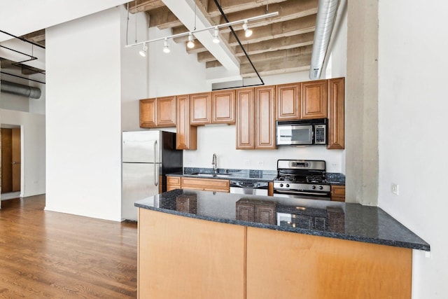 1645 W Ogden Ave Unit 516, Chicago, IL 60612 - kitchen featuring appliances with stainless steel finishes, rail lighting, a towering ceiling, a sink, and wood finished floors