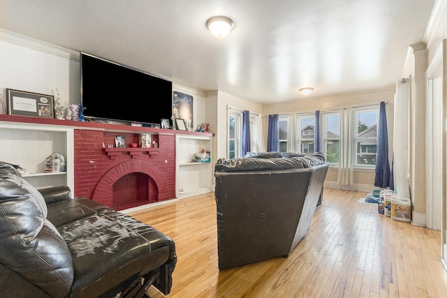 8011 S Ada St, Chicago, IL 60620 - living area featuring ornamental molding, wood-type flooring, and a brick fireplace