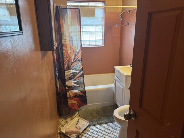 14915 Irving Ave, Dolton, IL 60419 - bathroom with shower / tub combo with curtain, toilet, vanity, and tile patterned flooring