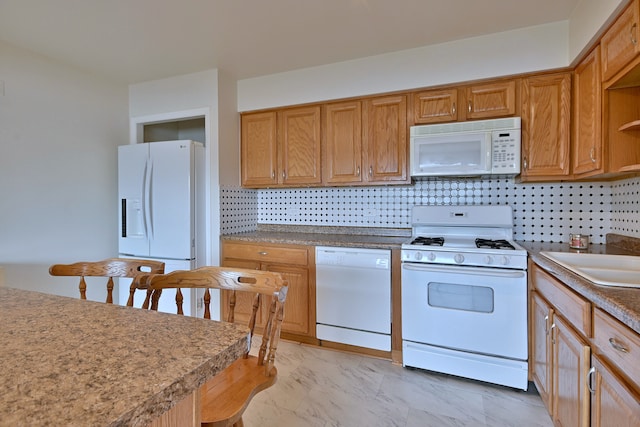 7321 W Fullerton Ave Unit 10, Elmwood Park, IL 60707 - kitchen with white appliances, tasteful backsplash, light marble finish flooring, open shelves, and a sink